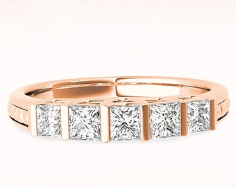 0.75 ctw Princess Cut Diamond Wedding Band - 14K/18k Solid Rose Gold | Bar Set Diamond Wedding Anniversary Ring | Modern Design