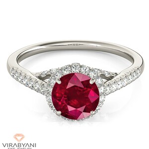 1.35 ct. Genuine Ruby Ring With 0.40 ctw. Diamond Double Halo And Dainty diamond Band, Diamond Bridge | Round Ruby Halo Ring | l Ruby Ring