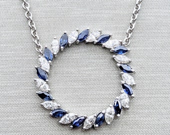 2.00 ct. Diamond and 3.00 ct. Genuine Blue Sapphire Circle Necklace - 14K/18K White, Yellow, Rose Gold | Marquise Sapphire Diamond Necklace
