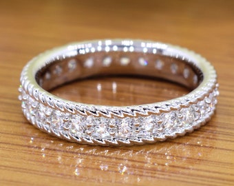 0.90 ct. Diamond Eternity Band in 14/18K White, Yellow Rose Gold or Platinum 950, Rope Designed Edge Ring Vintage Inspired