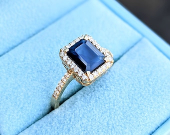 2.30 ct. Genuine Blue, Emerald Cut Sapphire  Ring With  0.25 ctw. Diamond Halo, Delicate Diamond Band | Natural Sapphire And Diamond Ring