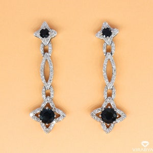 1.52 ct. Natural Blue Sapphire Drop Earrings in 14K White Gold, Star Design Drop Dangle Deep Blue Sapphire and Diamond Earrings -  SALE