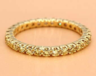 Natural Fancy Yellow Diamond Eternity Band in 14/18K White, Yellow Rose Gold or Platinum 950, Vivid Yellow Diamond Delicate Eternity Band