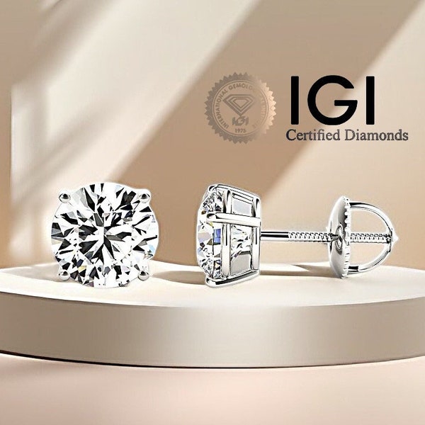 0.75 to 8.0 Carat IGI Certified Lab-Grown Diamond Stud Earrings 14K White, Yellow or Rose Gold Classic 4 Prong Screw Back Studs