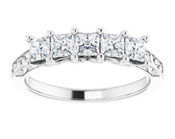 0.90 ct. Shared Prong Princess Cut Diamond Filigree Wedding Band - 14K/18K White, Yellow, Rose Gold and Platinum 950, Natural Diamonds Ring