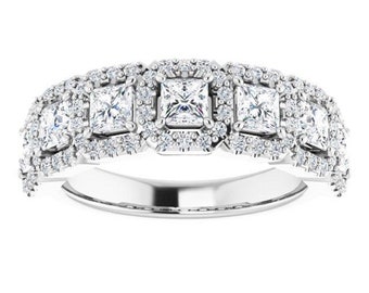 1.63 ct. Princess & Round Cut Diamond Wedding Band - 14K/18K White, Yellow, Rose Gold and Platinum 950, Natural Diamonds Anniversary Ring