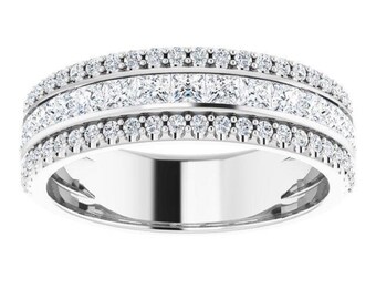 1.12 ct. Round & Princess Cut Diamond Wedding Band - 14K/18K White, Yellow, Rose Gold and Platinum 950, Natural Diamonds Anniversary Ring