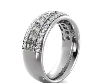 1.56 ct. Princess And Round Diamond Wedding Band, 3 Row Wide Eternity Ring