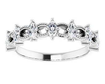 0.70 ct. Prong Set Marquise Diamond Milgrain Accent Wedding Band - 14K/18K White, Yellow, Rose Gold and Platinum 950, Natural Diamonds Ring