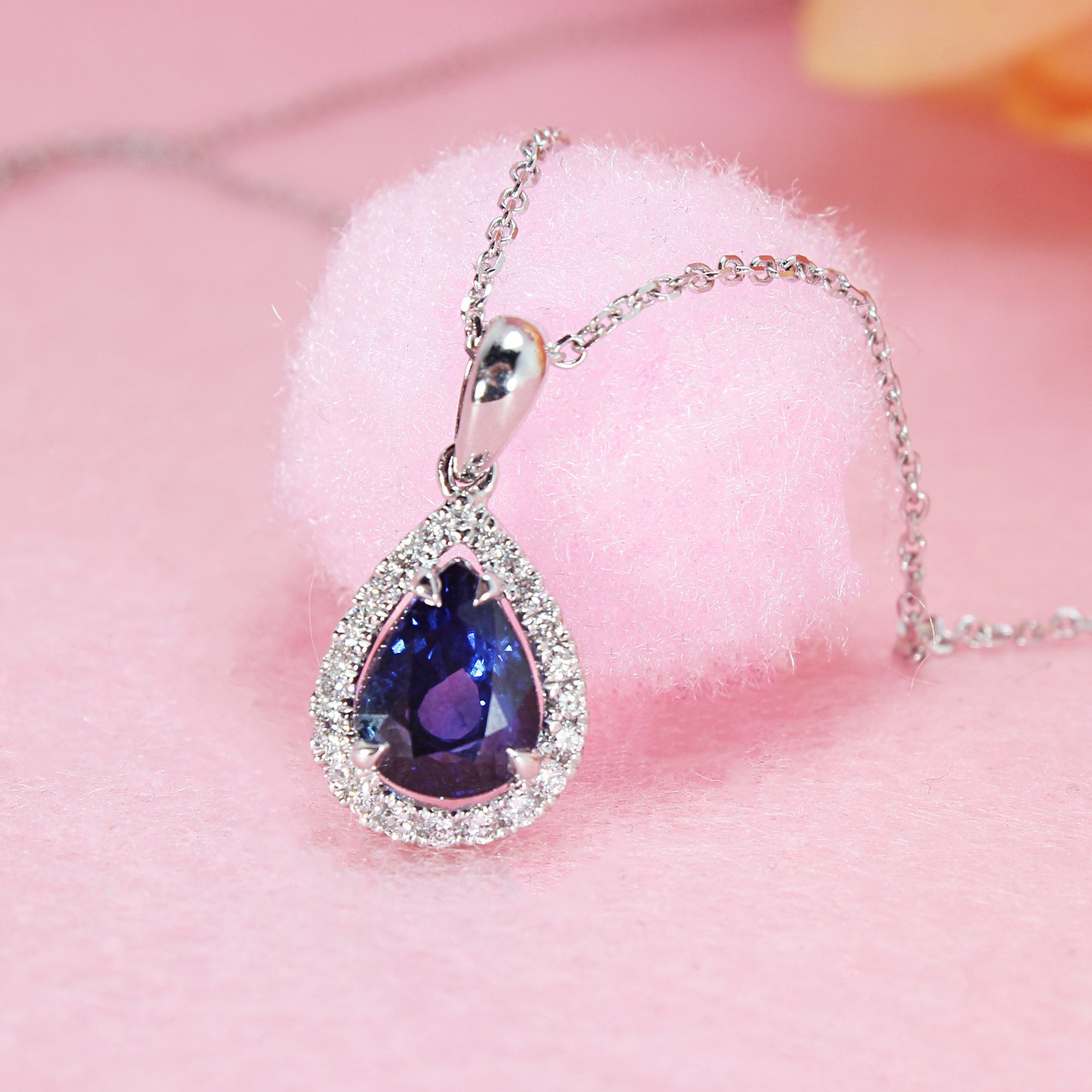 2.08 ct. Genuine Pear Sapphire and 0.15 ctw Diamond Halo Necklace - 18K White Gold | Halo Sapphire Pendant | Sapphire and Diamond Necklace