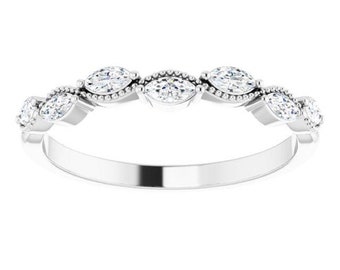 0.45 ct. Marquise Diamond, Milgrain Accent Wedding Band-14K/18K White, Yellow, Rose Gold and Platinum 950, Natural Diamonds Anniversary Ring