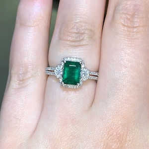 1.42ct. Genuine Emerald and 0.45 ctw. Diamond Three-Stone Halo Gemstone Ring 14k/18K White, Yellow, Rose Gold and Platinum Emerald Halo Ring