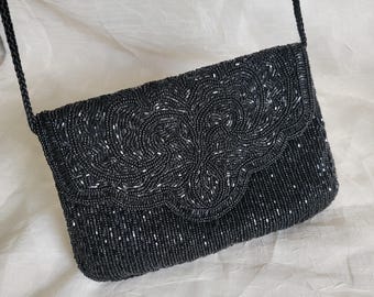 Vintage Partners Black Beaded Crossbody Sling Evening Bag Clutch Handmade