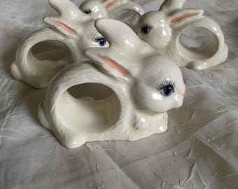 Vintage Lot of 4 Ceramic Kitschy Bunny Rabbit Napkin Rings- Cottage Core Easter