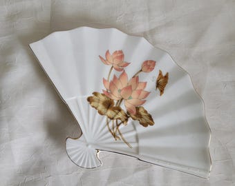 Vintage Japanese Fan Trinket Dish: Lotus Flower, Butterfly, Gold Trim