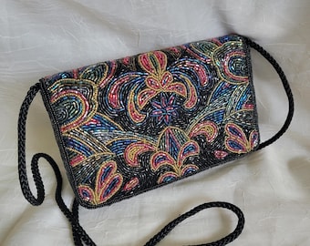 Vintage Beaded Black Colorful Evening Small Bag Clutch Purse Retro MCM