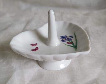 Ceramic Heart-shaped Trinket/Ring Dish Iris Flower and Butterflies White Glaze