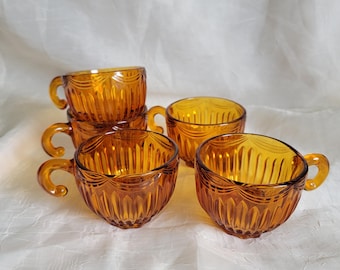 Vintage Amber Pressed Glass Ribbed Punch Cups, MCM, set of 5, Hook Handle