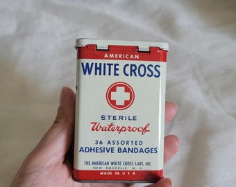 Vintage White Cross Waterproof Adhesive Bandages Empty Tin Can