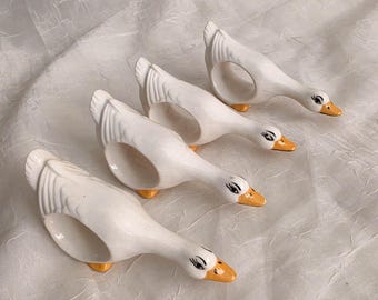 1980's Vintage White Long Neck Goose Duck Ceramic Napkin Rings Set Of 4