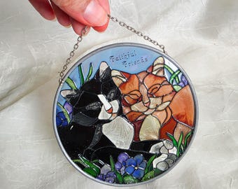Vintage Joan Baker Cats w/ Flowers Hand Painted Stained Glass Suncatcher