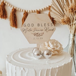Personalized Baptism Cake Topper: Engraved Maple Wood, God Bless