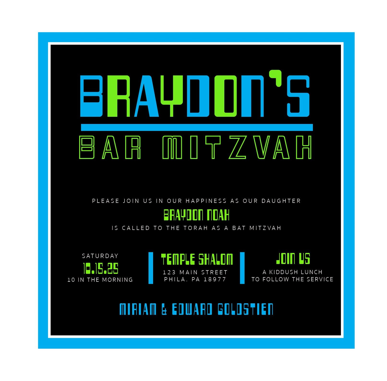 Digital Gamer Green Neon Bat Bar Mitzvah Customizable Digital Invitation Download 5 x 5 Square