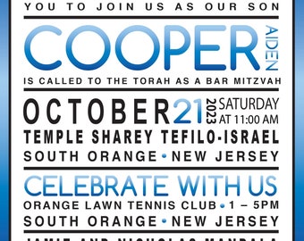 Bold Modern Bat or Bar Mitzvah Customizable Digital Invitation Download 5 x 5