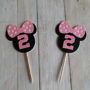 Minnie Mouse Birthday Cupcake Toppers, Pink Glitter Bow, Custom Age Party Decorations image 3