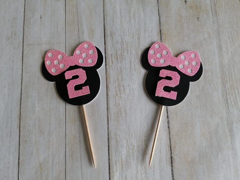 Minnie Mouse Birthday Cupcake Toppers, Pink Glitter Bow, Custom Age Party Decorations image 3