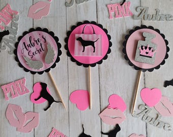 Pink Birthday Cupcake Toppers, Custom Name Party Decorations, Cardstock Party Supplies
