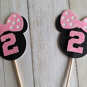 Minnie Mouse Birthday Cupcake Toppers, Pink Glitter Bow, Custom Age Party Decorations image 2