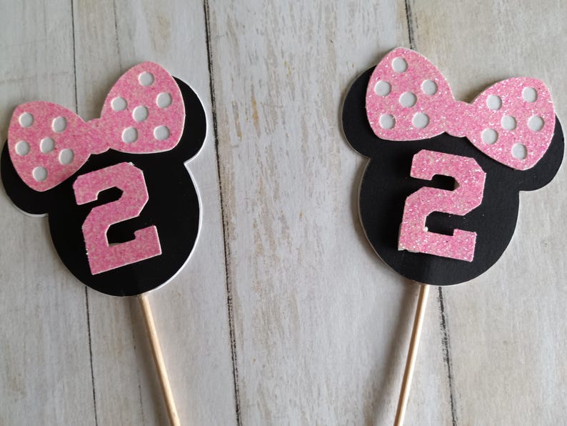 Minnie Mouse Birthday Cupcake Toppers, Pink Glitter Bow, Custom Age Party Decorations image 2