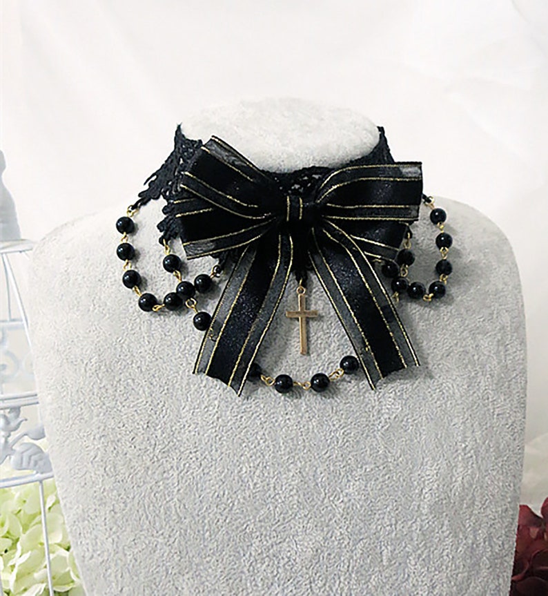 Black Gothic Lace Necklace With Bead Chain and Big Bowblack Etsy