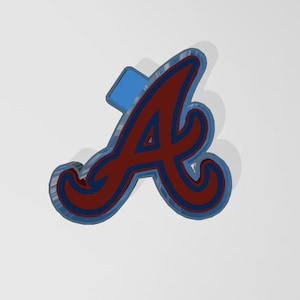 May include: A red and blue stylized letter A, with a blue outline. The letter is in a bold, cursive font.