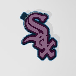 May include: A purple and blue 3D printed cookie cutter shaped like the Chicago White Sox logo. The logo is a stylized "S" with a "C" and "X" inside.