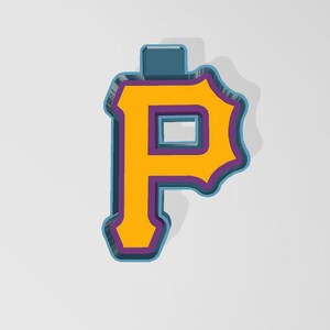 May include: A yellow letter P with a purple outline and a blue shadow. The letter is in a 3D style and has a vintage look.