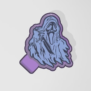 May include: A sticker featuring a blue Ghostface character from the Scream horror film franchise. The character is holding a knife, with a purple outline and a purple tab at the bottom.