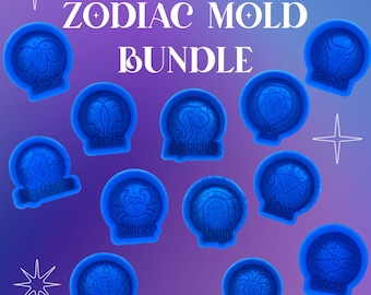 May include: A set of 12 blue silicone moulds featuring the zodiac signs. The moulds are arranged in a circle on a purple and blue gradient background. The text "Zodiac Mold Bundle" is written in white letters at the top of the image.