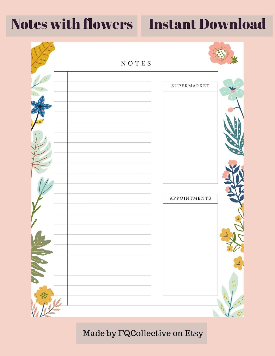Flower Notes Printable, Notes With Appointments, Notes With Supermarket