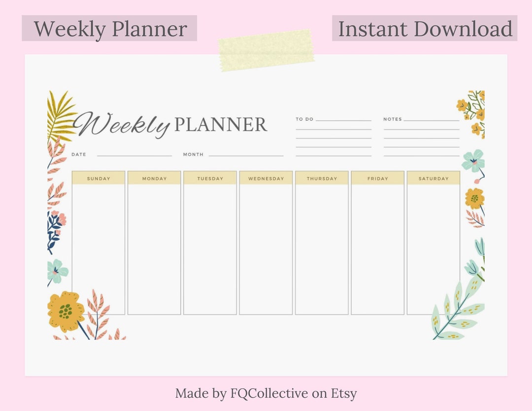 Flower Weekly Planner Calendar Printable, Week at a Glance, Weekly ...