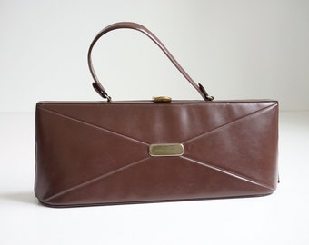 vintage 1960s brown vinyl top handle handbag | long dark chocolate brown mid-century limousine clutch purse