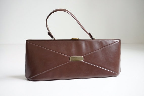 vintage 1960s brown vinyl top handle handbag | lo… - image 1