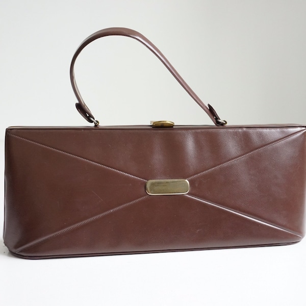 vintage 1960s brown vinyl top handle handbag | long dark chocolate brown mid-century limousine clutch purse