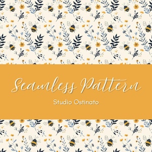 Pode incluir: Um design de padrão sem costura com abelhas, flores amarelas e folhas azul-esverdeadas em um fundo creme. O design inclui o texto "Seamless Pattern" e "Studio Ostinato" em uma faixa amarela.