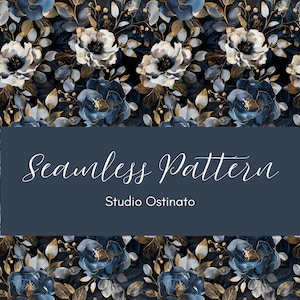 Puede incluir: Diseño de patrón sin costuras con flores en acuarela azul marino, blanco y dorado sobre fondo oscuro. El texto "Seamless Pattern" y "Studio Ostinato" también está presente.