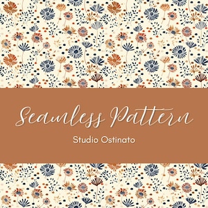 Ditsy Chrysanthemum Seamless Pattern, Small Floral in Blue and Rust
