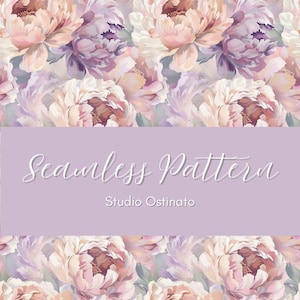 May include: A seamless floral pattern featuring large, painterly peonies in shades of pink, peach, and purple. The text "Seamless Pattern" is displayed on a lavender banner, with "Studio Ostinato" below. This design is suitable for fabric or wallpaper.