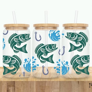Pescado bajo saltando 16oz vidrio Libbey sin costuras puede envolver archivo de corte SVG, Svg Png Dxf Eps, pescador, lata de vidrio de pesca, papá de pesca