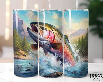Rainbow Trout Jumping Fishing Fisherman 20 oz Skinny Tumbler Wrap Straight & Tapered Sublimation Design PNG